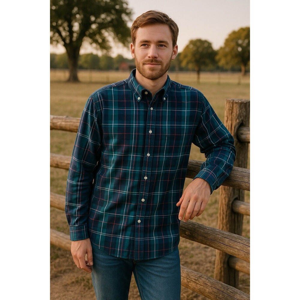 Steeplechase Mens Sz 3X Blue Green Plaid Button Up Shirt Vintage